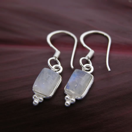 Faceted Rectangle Sterling Silver Earring| Stone| Rainbow Moonstone