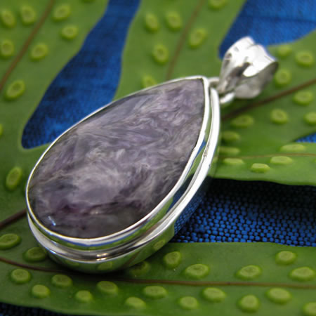 Charoite teardop sterling silver pendant.
