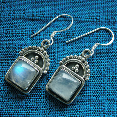 Wholesale Sterling Silver Dangle Earring With Square Stone Beneath Granulation Detail